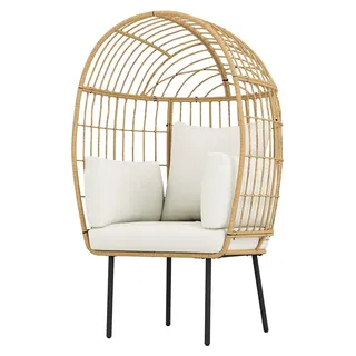 Ei-förmiger Rattansessel mit abnehmbarem Kissen, übergroßer Outdoor-Sessel aus Rattan in Beige