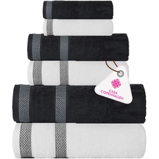 Casa Copenhagen Solitaire Mix 6-teiliges Handtuch-Set – Weiß + Kieferngrau, 600 g/m2, 2 Badetücher, 2 Handtücher, 2 Waschlappen aus weicher ägyptischer Baumwolle für Badezimmer, Küche und Dusche