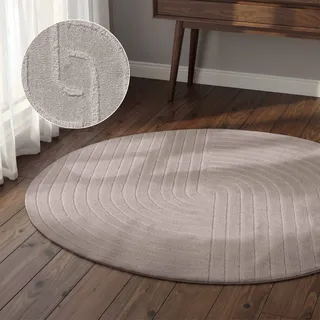 Wollteppich VIKOSA "Arcura", hellgrau, H:15mm Ø:120cm, Wolle, Teppiche, Wollteppich, Wolle Handgemacht, Hoch-Tief-Effekt, Geometrisches Linien Wellendesign