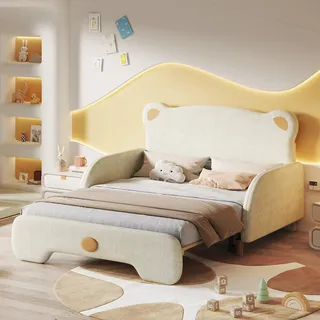 Flieks Kinderbett 140x110cm/140x200cm, Schlafsofa Sofabett mit Ausziehbett, Gästebett Funktionsbett mit Bärenohrenförmigem Kopfteil, Samt, Beige - Beige