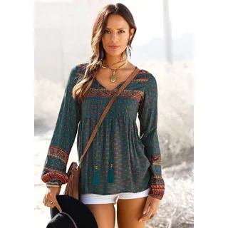 Buffalo Schlupfbluse "mit Ethnodruck und Unterbrustnaht" Druckbluse im Boho-Style, Langarmbluse, figurumspielender Schnitt, petrol, bedruckt