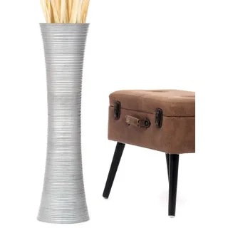 Leewadee Große Deko Bodenvase Für Dekozweige, Hohe Standvase Für Pampasgras, Design Holzvase, 65 cm, Silber