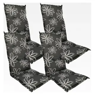Hochlehner Auflage Naxos für Gartenstühle 4er Set 118x49 cm Blume Schwarz - 6 cm starke Stuhlauflage mit Komfortschaumkern - Sitzauflage aus der EU