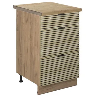 Vicco Küchenunterschrank Fame-Line Eiche Paneel 50 cm , AP Eiche , Eichefarben , Holzwerkstoff , 3 Fächer , 3 Schubladen , 50x82x60 cm , Küchen, Küchenmöbel, Küchenschränke, Küchenunterschränke