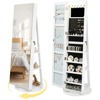 FurnitureR Schmuckschrank mit Ganzkörperspiegel, Drehbarer Schmuckschrank Abschließbar, Stehender Schmuckorganizer mit Spiegel und Großer Aufbewahrung für Ringe Ketten Ohrringe, Weiß