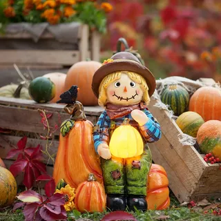 TERESA'S COLLECTIONS Herbstdeko Aussen Kürbis Vogelscheuche Figur Solarled | 16cm Herbst Kürbis deko,Gartendeko für Draußen Wetterfeste,Herbst Strohmann Dekoration,Herbst Erntedank Geschenke