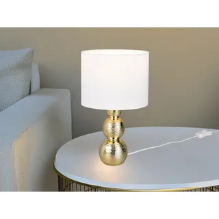 Designklassiker LED Tischlampe mit Keramikfuß Gold & Stoffschirm Weiß, H: 29cm