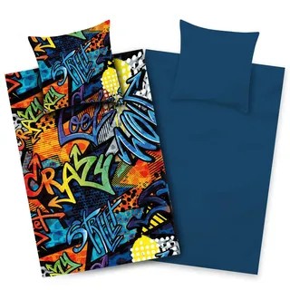 Aminata kids Bettwäsche Jungen 135x200 Graffiti Jugendliche Teenager mit Reißverschluss Mikrofaser ügelfrei - vorteilhaft für Allergiker - bunt blau