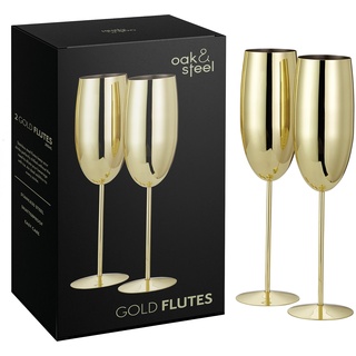 Oak & Steel 2 Goldene Champagner Gläser aus Edelstahl (280ml) - Bruchsichere Sektgläser/Prosecco Gläser mit Geschenkbox