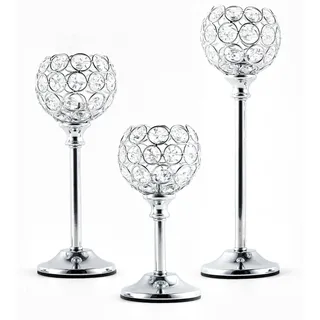 VINCIGANT 3er Set Kerzenständer Silber Kristall Kerzenhalter für Weihnachtsdeko Tisch, Teelichthalter Deko Wohnzimmer Modern Hochzeit Abendessen (17cm/22cm/27cm)
