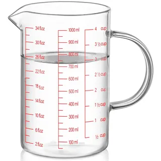 Luvan 1000 ml Messbecher aus Glas, leicht ablesbar mit 3 Messskalen (ml/oz/Tasse), isoliertem Griff und V-förmigem Ausguss, hoher Messbecher aus Borosilikatglas, ideal für Küche oder Restaurant