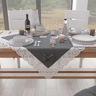 PETTI Artigiani Italiani - Quadratische Mitteldecke, Baumwolle mit Sangallo-Spitze und Schleifen, 95 x 95 cm, Dunkelgrau