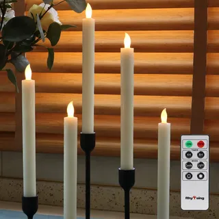 Rhytsing 5 flammenlose LED Stabkerzen Tafelkerzen mit Timer Funktion Rustik-Design, Höhe je 25cm, Druckknopf, Leuchterkerzen mit warmweißes Licht, Fernbedienung und Batterien enthalten