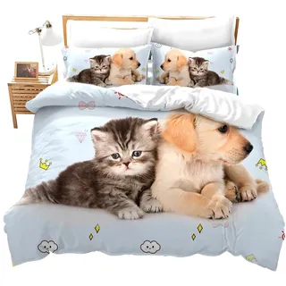 Loussiesd Tiere Bettwäsche Set Niedlich Schöne Hunde Katzen Bettwäsche Set für Jungen Mädchen Mikrofaser Hochwertiger Pet Theme Bettbezug mit 1 Kissenbezug 2 Stück 135x200 cm 80x80 cm Einzelbett