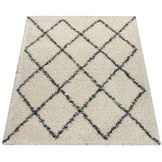 Paco Home Hochflor-Teppich »Kalmar 444« rund 40 mm Höhe Scandi Design, Rauten Muster, weich & kuschelig, beige