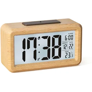 HERMIC Wecker Digital aus Holz mit Großem LCD-Display, Datum, Temperatur, Automatischem Lichtsensor, Snooze-Funktion, Batteriebetrieben (3 AAA-Batterien im Lieferumfang Enthalten)