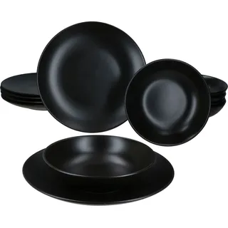 12tlg Tafelservice Panther Steingut 6 Personen Speiseteller Suppenteller 420ml - Schwarz