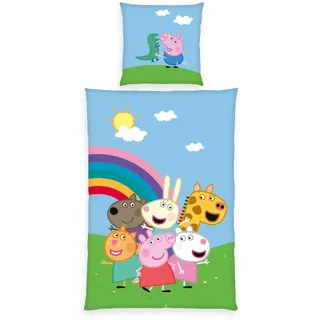 Herding Peppa Pig, Kopfkissenbezug 80 x 80 cm mit Wende-Motiv, Bettbezug 135 x 200 cm, Mit Reißverschluss, 100% Baumwolle/Renforcé