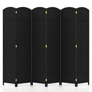 FANTASK Raumteiler 6-teilig, 240 x 170 cm, Paravent Deko mit handgewebter Textur & massivem Holzrahmen, Room Divider, Raumtrenner für Wohnzimmer, Schlafzimmer, Balkon (Schwarz)