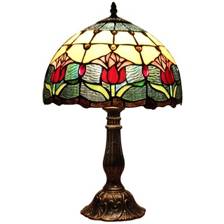 Bieye L30020 Tulpe Blume Tiffany Stil Glasmalerei Tischlampe Nachtlicht mit 12 Zoll Breite handgemachte Lampenschirm Metallbasis für Schlafzimmer Wohnzimmer, 18 Zoll hoch, rot grün