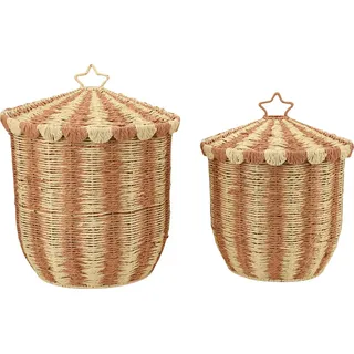 2 Stück gewebter Aufbewahrungskorb, Retro-Kaffeefarbe, Rattan, Eisen, großer und kleiner Organizer mit Deckel für Kleidung, Spielzeug