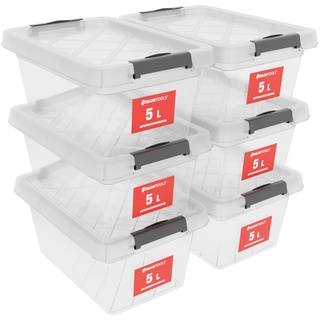 ATHLON TOOLS 6x 5 L Aufbewahrungsboxen mit Deckel, lebensmittelecht - Verschlussclips - 100% Neumaterial Plastik-Box transparent - Kleiderboxen stapelbar...