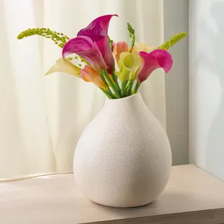 Praknu Keramik Vase Weiß Groß 19cm Hoch - Bauchige Form mit Sandtextur - Wasserdicht - Handgefertigte Unikate - Blumenvase für Tischdeko & Geschenk - Ideal für Heim & Büro