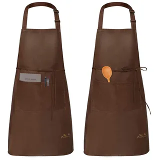 Viedouce 2 Pack Schürze, Wasserdicht Kochschürze mit Taschen, Verstellbarem Küchenschürze Grillschürze latzschürze Küchenschürze für Frauen Männer Chef-Belastbar & Einfach zu Reinigen,Braun