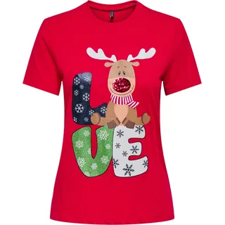 Rundhalsshirt ONLY "ONLXMAS YRSA CHRISTMAS REG S/S TOP JRS", Damen, Gr. XS, urban rot print:yrsa love, Single Jersey, Obermaterial: 100% Baumwolle, Rundhals, Shirts Rundhalsshirt, für Weihnachten