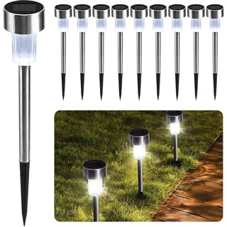 CUQOO Solar-Gartenstecker Lichter – 10 Stück LED-Leuchten – wasserdichte wiederaufladbare Edelstahl-Gartenleuchten für Wegbeleuchtung – Outdoor-Solarleuchten für Garten (weiß)