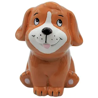 Sparfigur, Spartier, Spardose, Sparbüchse, Kinderspardose, Sparfigur, Sparschwein als Bernhardiner, Sparhund, Sparschwein, Dekohund mit Sparfunktion aus Keramik in braun, L/B/H 12 x 12 x 17 cm.