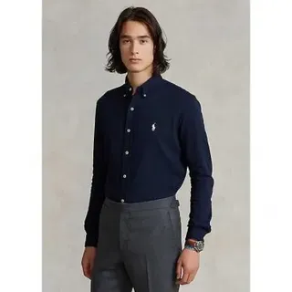 Polo Ralph Lauren für Herren. 710654408016 Ultraleichtes marineblaues Piqué-Hemd (M), Lässig, Baumwolle, Klassisch, Langarm