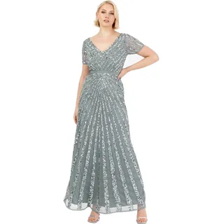 Maya Deluxe Damen Maxi Womens Ladies Embellished Sequin Dress Long Short Sleeve V Neck High Empire Waist a Cut Shiny Prom Wedding Brautjungfernkleid, Misty Green,