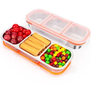 Musiwanna 2 Stück Snackbox Edelstahl mit 3 Fächern, Auslaufsicher Snackdose mit Deckel 600ml, Snackschale Unterwegs, Brotdose Metall Lunchbox, Klein Bento Box für Snack Soßen Nüsse Keksen Gemüse Obst
