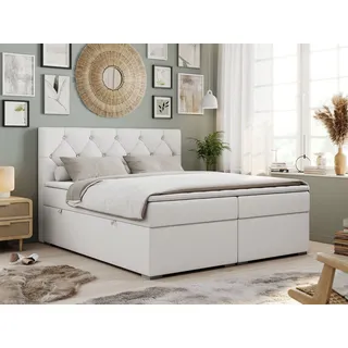 MKS Meble Boxspringbett 140x200 mit Bettkasten, Boxspringbett 140x200 mit Matratze, Doppelbett mit Matratze und Topper - Polsterbett mit Kopfteil - Stauraumbett - ALDA - 140x200 - Weiß - Kunstleder - H3 - Weiß