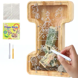 Lakpopya Spardose Kinder Jungen, Personalisiert Holz A-Z Sparschwein | Durchsichtig Buchstabe A-Z Sparbüchse für Kinder Mädchen Erwachsene mit Aufklebern und Filzstift, Taufe Geschenk Dekoration