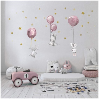 Wandsticker personalisiert Sticker Aquarell Tiere mit Name Wandtattoo für Kinderzimmer Babyzimmer Spielzimmer Mädchen Junge Y037 (Nr. 6 Hasen mit Ballons Rosa, Ohne Wunschname)