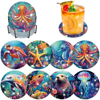 Lxmsja 8 STK Diamond Painting Untersetzer Tier mit Halter, Meeresbewohner Diamant Tassenuntersetzer mit Kork - Basteln Kreativ Set für Erwachsene