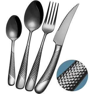 Xideman® Besteck Set 6 Personen Schwarz modern gehämmertes, mit ultrascharfem 2-IN-1 gezacktem Messer, 18/10 Edelstahl 24 teilig, Messer Gabeln Löffel Set Titan plattiert, Spülmaschinenfest