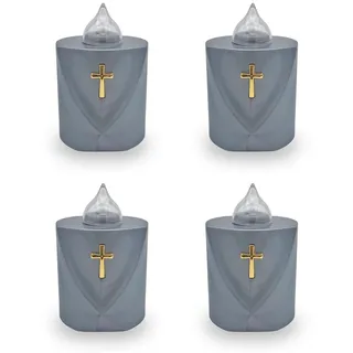 AROBA 4x LED Grabkerze Trauerlicht - Flackereffekt wie echte Kerze - lange Brenndauer bis 120 Tage - wiederverwendbar Friedhofskerze Gedenkkerze Dauerkerze - silber Heiliges Kreuz