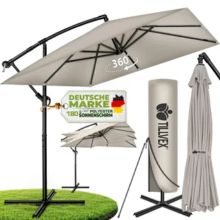 tillvex® Alu Sonnenschirm Rechteckig Ø 330 cm Grau + Abdeckung mit Kurbel | Ampelschirm Eckig mit Ständer | Gartenschirm UV-Schutz Aluminium | Kurbelschirm Marktschirm wasserdicht 360° drehbar - Taupe