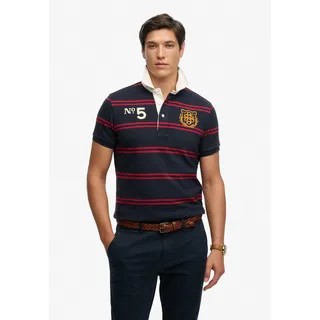 Poloshirt SUPERDRY "DOUBLE EMBLEM JERSEY SS RUGBY", Herren, Gr. 3XL, navy, rot chest band stripe, Single Jersey, Obermaterial: 100% Baumwolle, gestreift, relaxed fit normal, Rundhals, Shirts Poloshirt, im angesagten Rugby Stil
