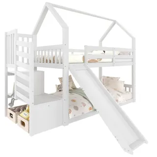 Flieks Etagenbett 90x200cm Weiß mit Stauraumtreppe und Rutsche Hausbett , Holz , 90x200 cm , Babymöbel & Kindermöbel, Kinderzimmer & Jugendzimmer, Kinderbetten, Spielbetten