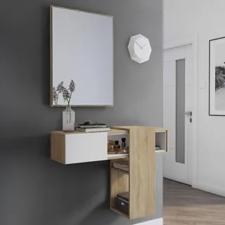 Dmora Eingangsmöbel mit Spiegel, Eingang für Flur mit Schublade und Regalen, Taschenleerer für kleine Wohnungen, 100x27h75 cm, Farbe Weiß und Eiche
