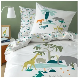 MTOnlinehandel Safari Kinder Biber Bettwäsche 135x200 · Afrika Tour für Mädchen und Jungs · Zoo-Tiere & Dschungel Abenteuer · Wende-Motiv · 100% Baumwolle · Kissenbezug 80x80 + Bettbezug 135x200 cm