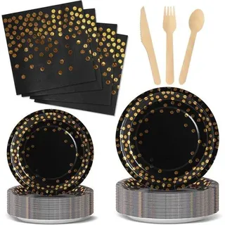 Party Dekorationen für 24 Gäste - Schwarz Gold - Kinder Teller - Geburtstagsfeier Bedarf - Set mit Papier Teller - Servietten - Besteck für Geburtstagsdekorationen - Taufe - Hochzeit - Baby-Shower - Bunt