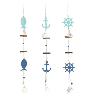 com-four® 3X Hängedeko Maritim - Dekoration zum Aufhängen - Steuerrad, Anker und Fische aus Holz mit Muscheln - Hängedeko (3 Stück - bunt 60cm)