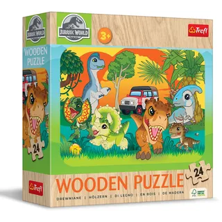 Trefl - Holzpuzzle: Jurassic World, Lernen Sie Dinosaurier kennen - 24 Elemente, Wooden Puzzle, gerundete Kanten, Dekoratives Muster auf der Rückseite, für Kinder ab 3 Jahren