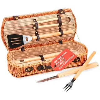 Avilia Grill-Werkzeugtasche aus Weidengeflecht – Tragbares Grill-Set mit 5 Zubehörteilen im Koffer, für Campinggrill, für Reisen und Picknick im Freien
