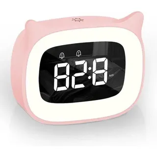 Digitale Kinderwecker mit Licht und 18 Melodien, schattige Katzen-Design, rote Nachtlampe, 5 Helligkeitsstufen, Snooze-Funktion. - Rosa
